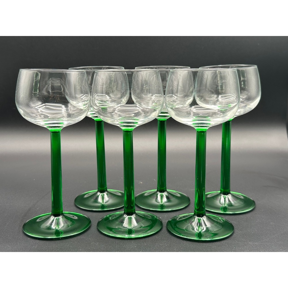 Set of 6 Vintage Luminarc Emerald Green Stem Wine Glasses France MCM Glassware